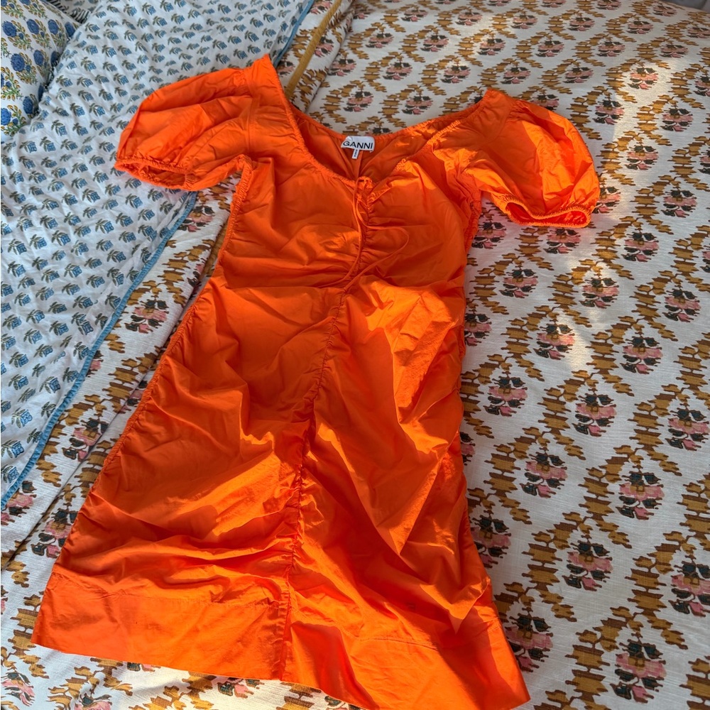 Ganni Orange Ruched Puff-Sleeve Mini Dress - Picture 4 of 6